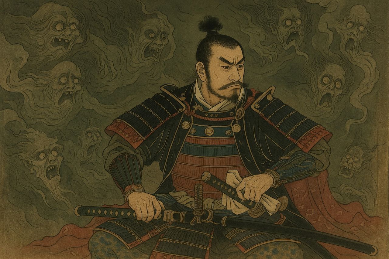 “Oda Nobunaga amidst the pale blossoms, unbothered as the veil breaks—spirits uncoiling from the sacred dark he dared to disturb. Beauty and blasphemy entwined.”