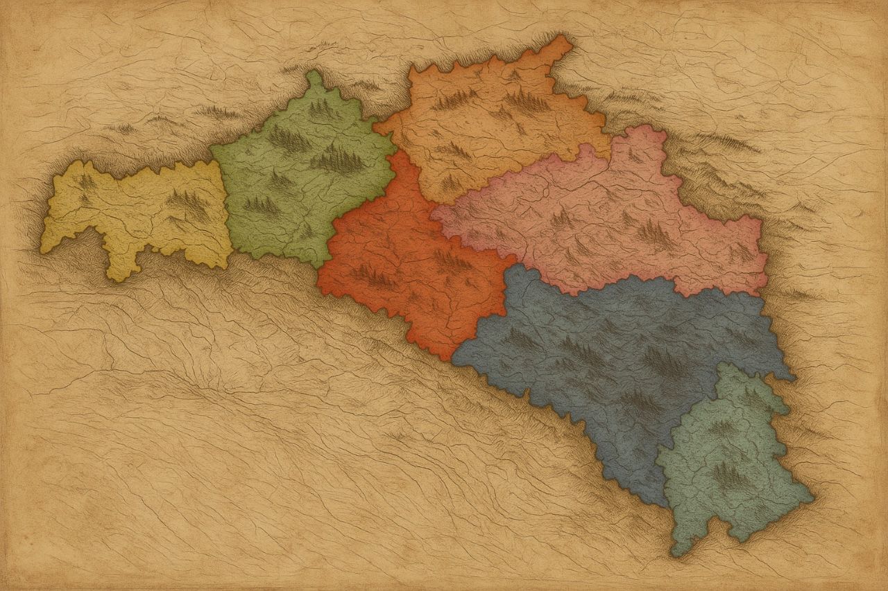 “An antique rendering of the Arch-Principality of Vulgaria, showing the seven provincial marches as they once stood—unlabeled, yet unmistakable to those who know the land.”