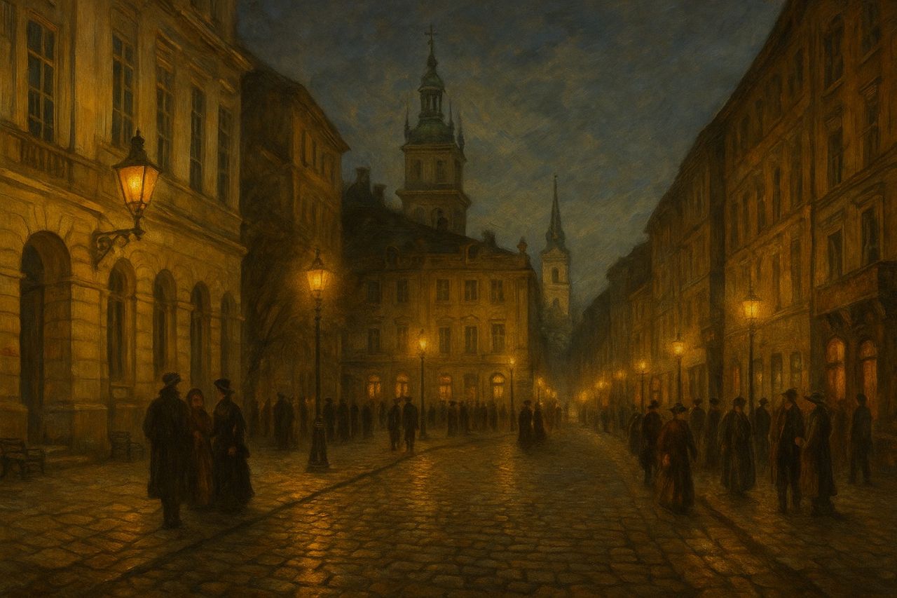 “Evening settles over the streets of Lembergrau, where every stone bears a tale and every window hides a watcher.”