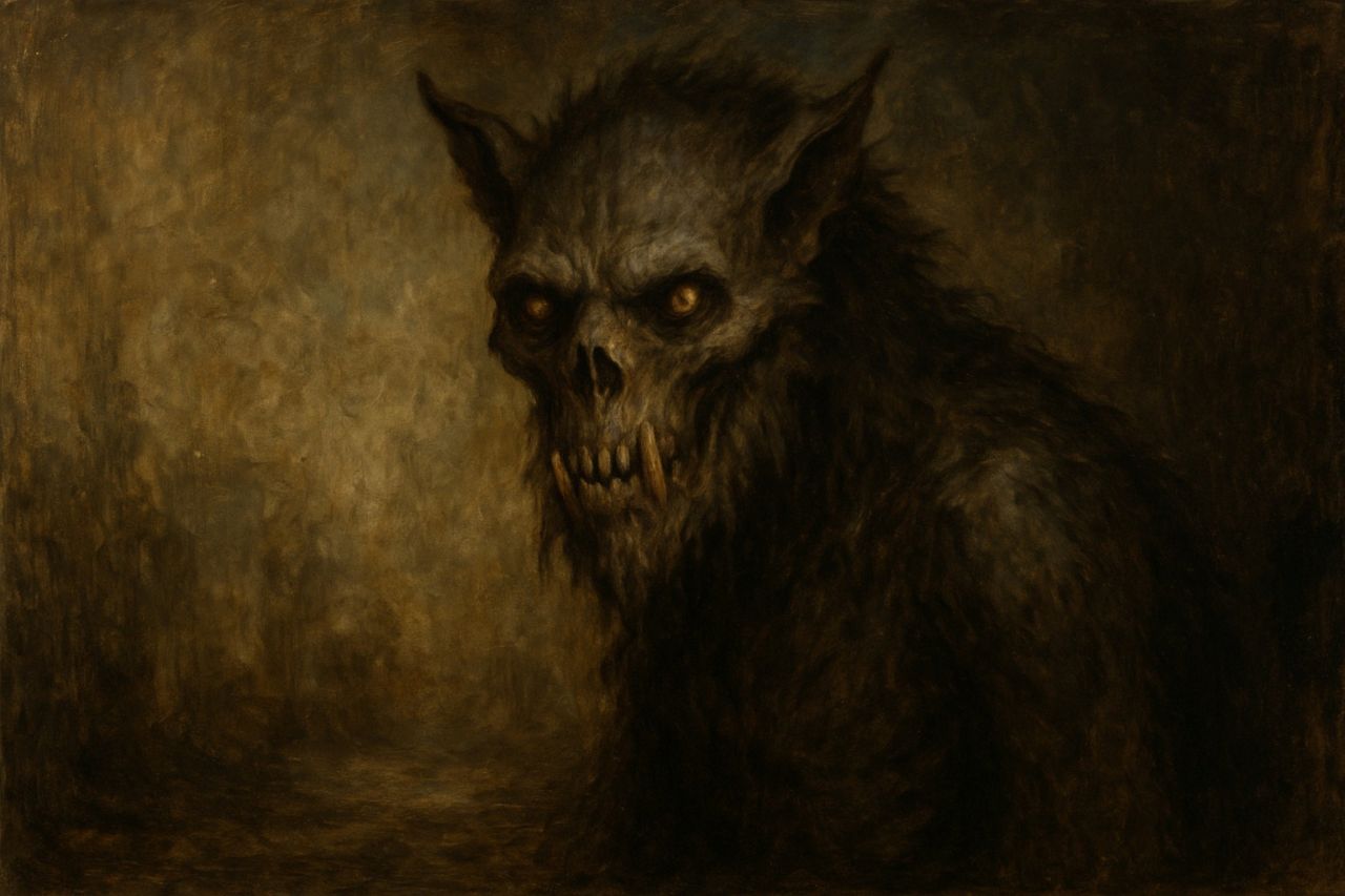 “Rendered in oils from the account of a survivor near Buchenhain, the creature’s gaze follows the viewer—its eyes sharp with hunger, and knowing.”