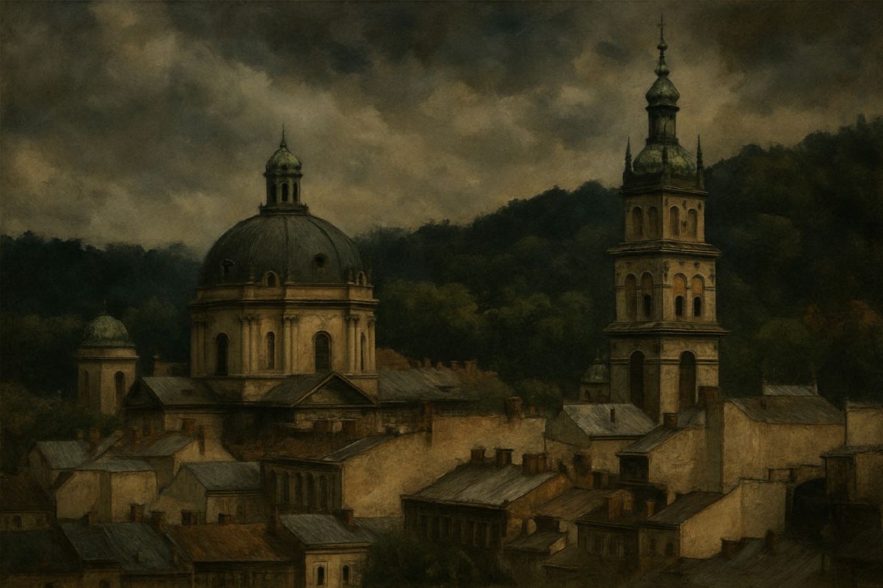 “Old Lembergrau beneath a gathering sky—its spires watchful, its stones murmuring secrets best left undisturbed.”