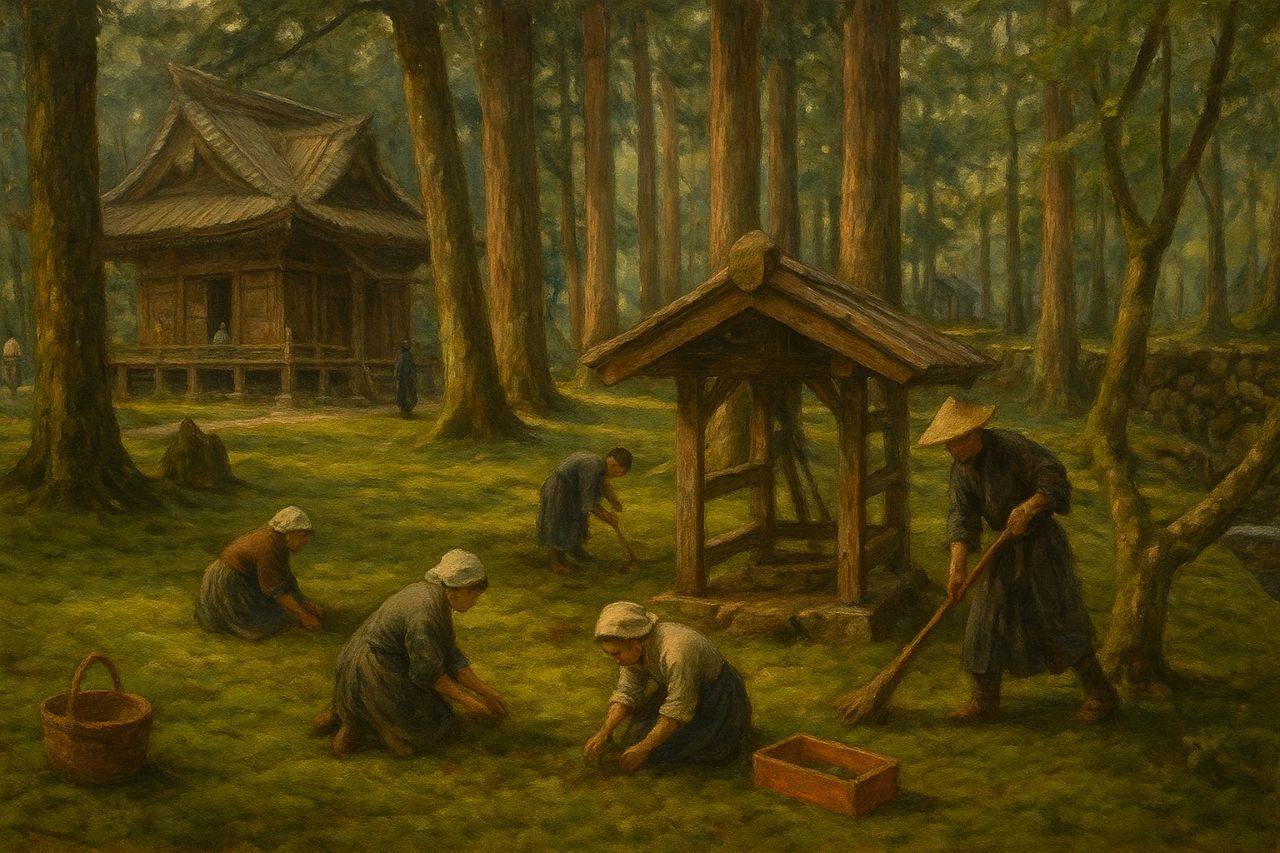 “At the Forest of Wisdom, hands humble the earth and quiet the mind. Beneath cedar and shrine, the moss is not merely tended—but honored.”