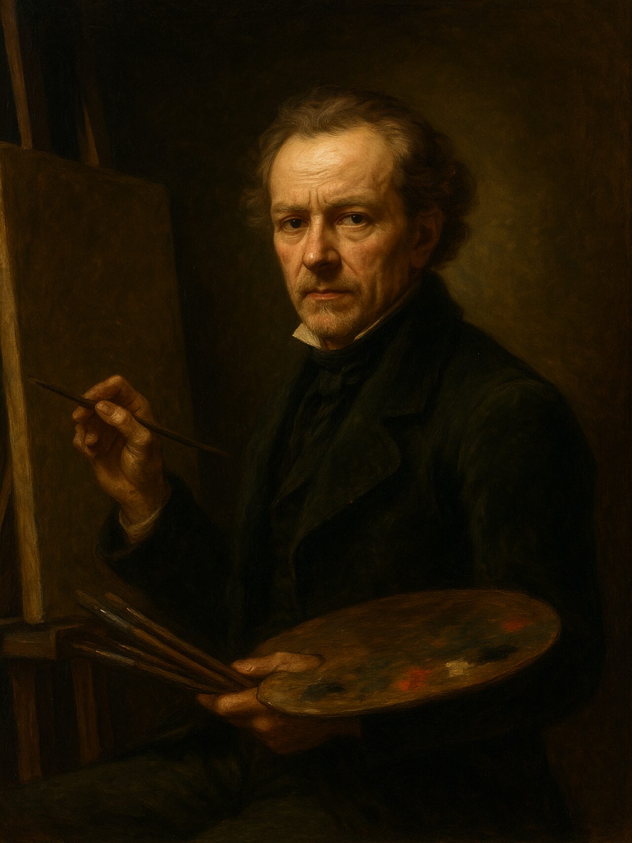 An oil-on-canvas self-portrait from 1852 depicting Johann Heinrich von Sternwald, a solemn, middle-aged man with greying hair and a lined face, seated before a canvas in his dimly lit studio. He wears a dark green coat and cravat, and holds a wooden palette and a bundle of brushes in one hand, a paintbrush poised in the other. Warm, dramatic lighting highlights his face and hands, casting the rest of the space in shadow. The overall tone is introspective and reverent, evoking the Romantic style of the period.